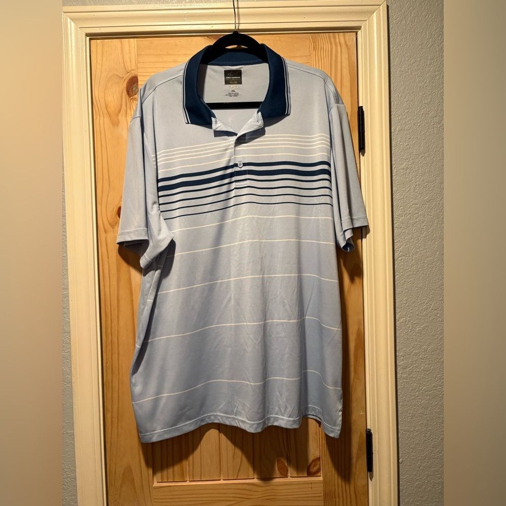Greg Norman Golf Polo Blue Stripe Shirt Men's XXL 3-Button Play Dry Short Sleeve